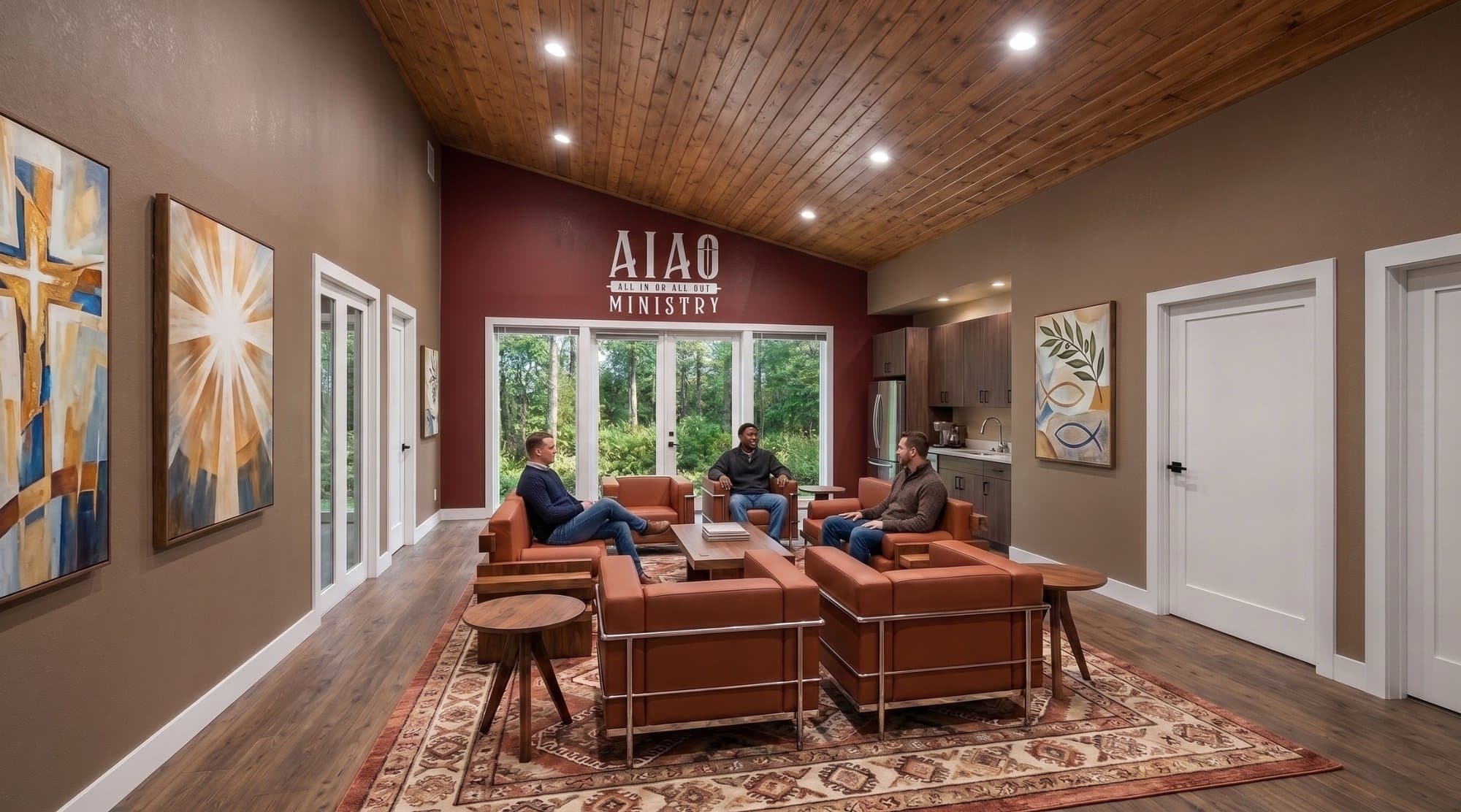 Interior rendering of the community building lounge with AIAO Ministry branding on the wall