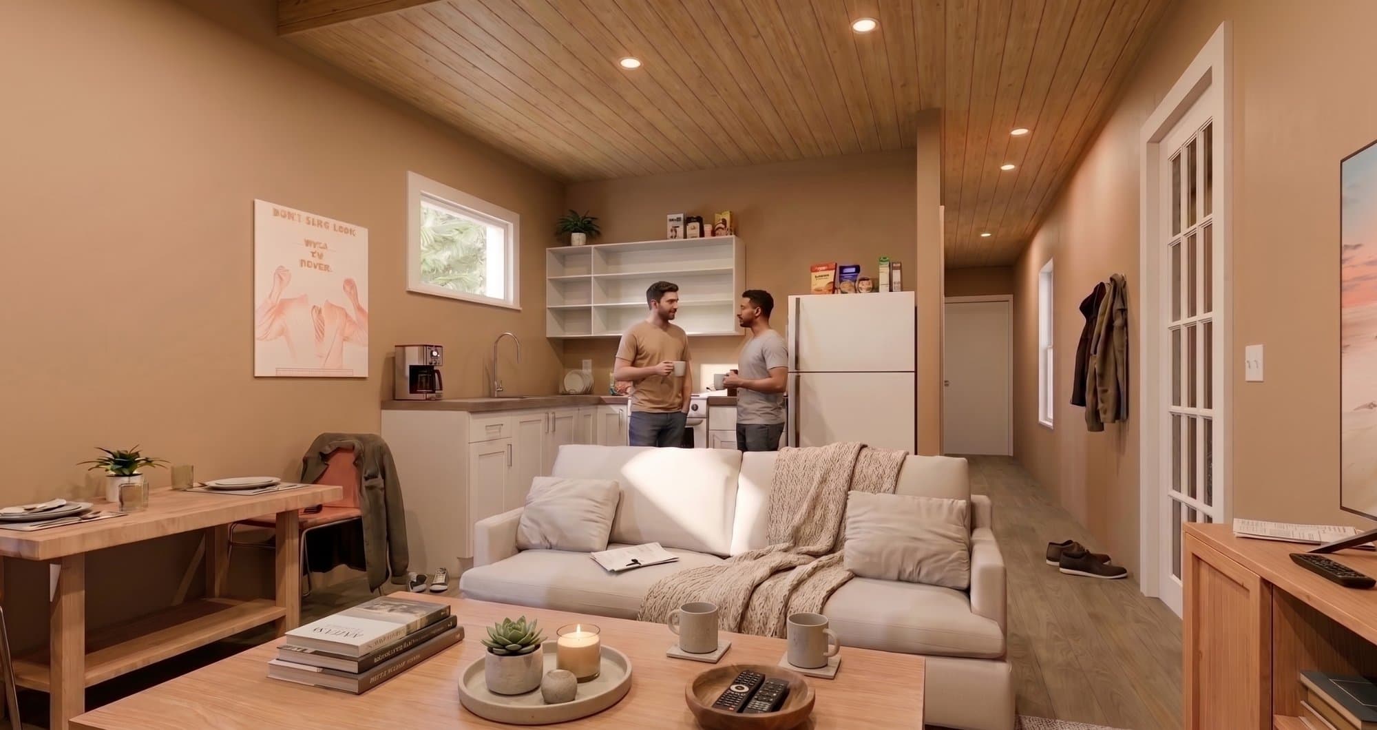 Interior rendering of a tiny home's living room and kitchen